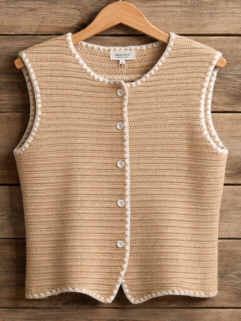 Cream Knit Button-Front Sleeveless crochet Sweater Vest